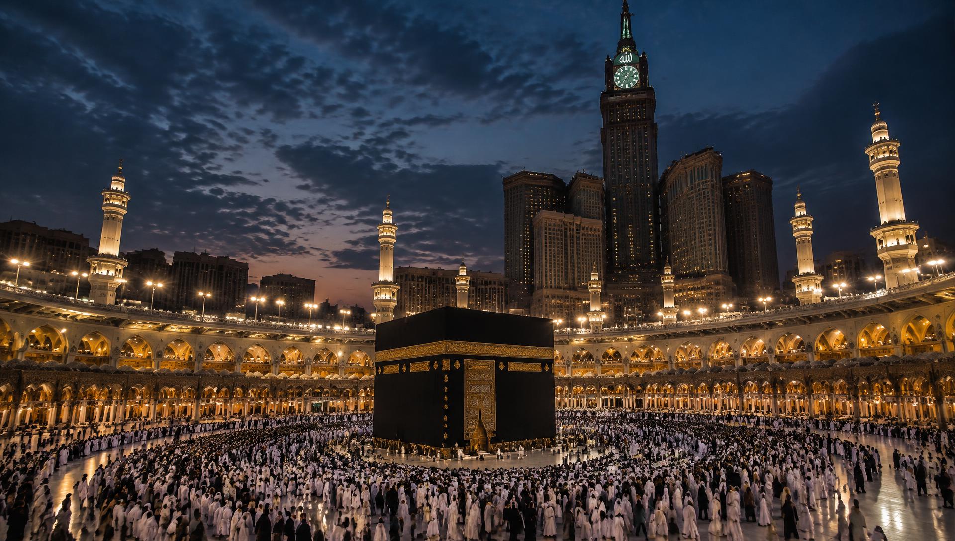 Pilgrims around the Kaaba in Masjid al-Haram at dusk